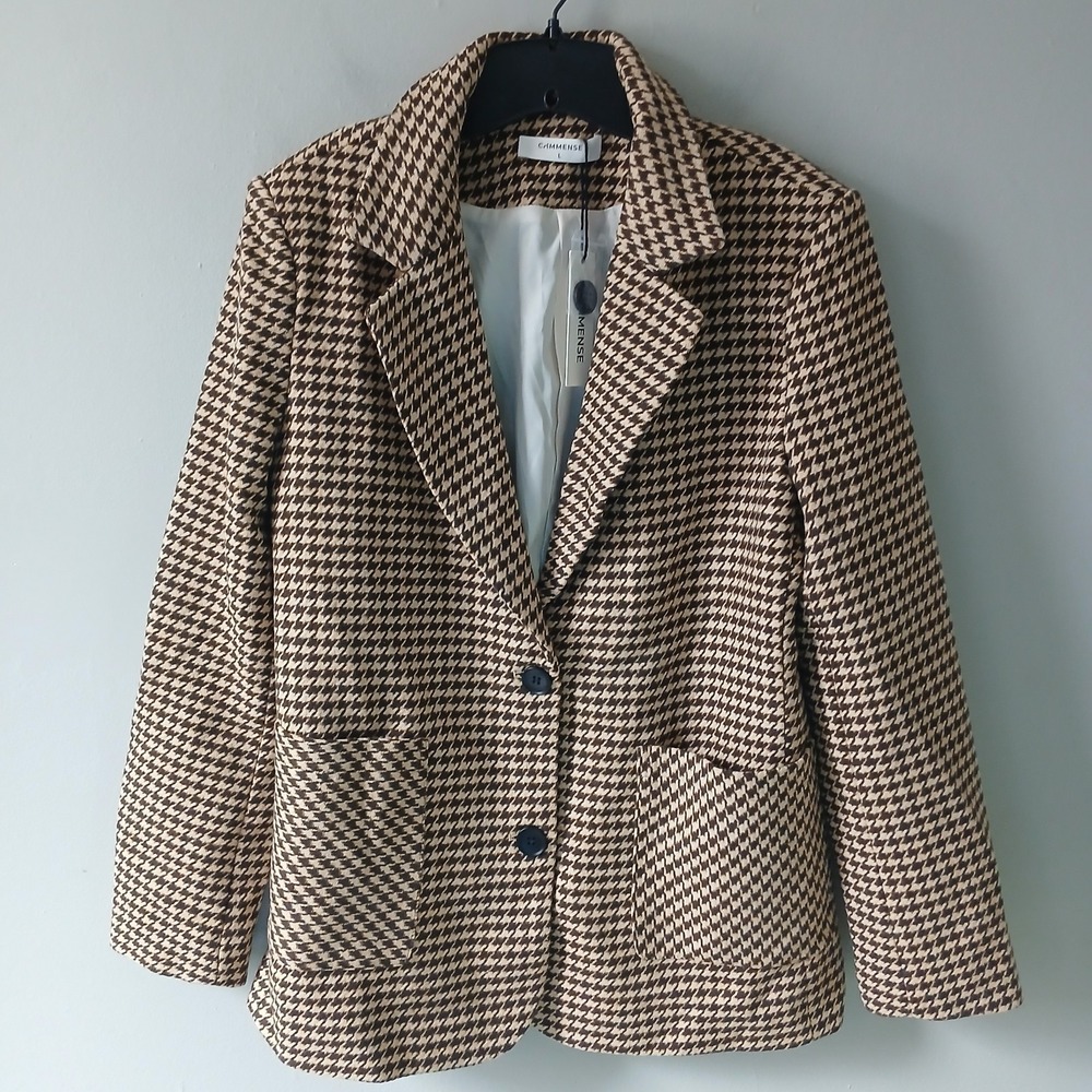 Commense Womens Size Large Tan Brown Houndstooth Two Button Blazer Pocket NWT!!!